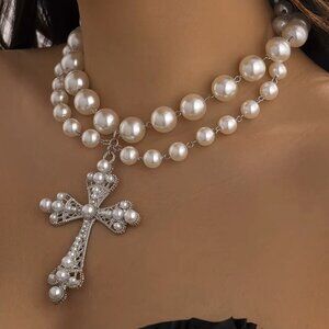 Elegant Pearl Necklace with Cross Pendant